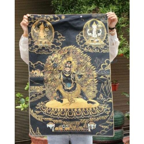 35" Silk Mahakala Tibet Buddhism Silk ClothMahakala Wrathful Deity Embroidery Thangka Mural
