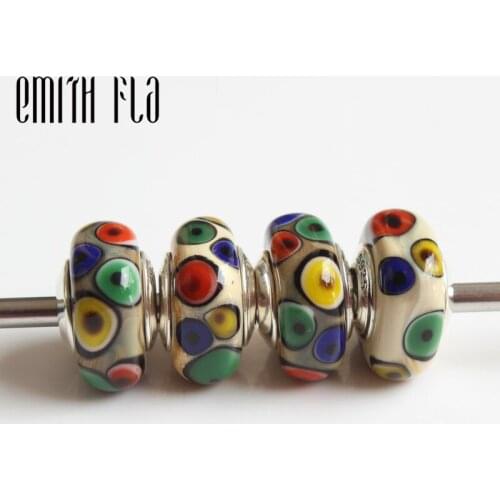 925 Sterling Silver Large Hole Colorful Dot Square Murano Glass European Charm Beads Fit Brand Bracelet Beads Jewelry Gift