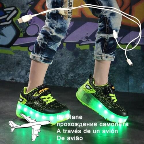 Children Boys Luminous Glowing Pink Sneakers with Double Two Wheels Roller Skate Shoes Adult Kids USB Charging Shoes Pink Girls
