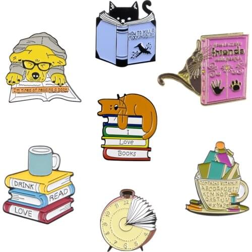 Its time to Reading Books enamel pin Cute animal studying brooches Alarm clock cup Lapel pin badge Shirt bag jewelry Women gift