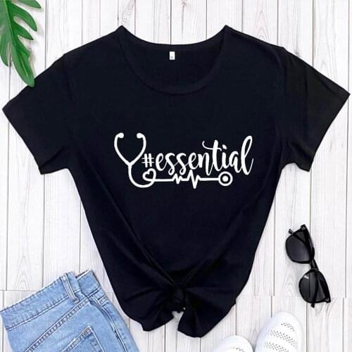 Essential Stethoscope 100%Cotton Printed Womens T Shirt Nurse Gift Tees Nurse Life Summer O-Neck Pullover Short Sleeve Tops