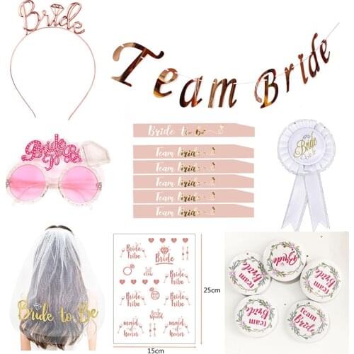 Team Bride Banner Bride Badges Rose Gold Tattoos Hen Party Glasses Bride To Be Satin Sash For Bachelorette Wedding Decoration