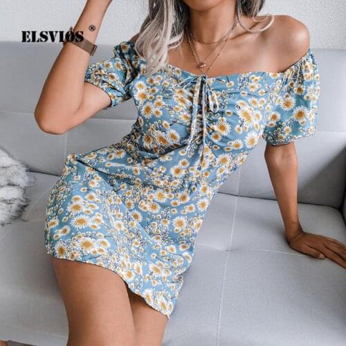 Summer Casual Women Sexy Off-shoulder Floral Printed Lace-up A-line Dress Short Sleeves Fashion Slash Neck Slim Elegant Dresses
