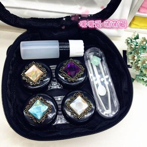 LIUSVENTINA Gift For Girls DIY Alloy Cute Retro Flower Square Gemstone Combo Contact Lens Case Bag Container for Color Lenses
