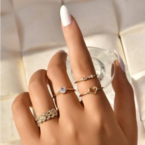 4 Pcs/Set Gold Crystal Leaf Heart Rings Set Fashion Geometric Joint Rings for Women Jewelry Accessories