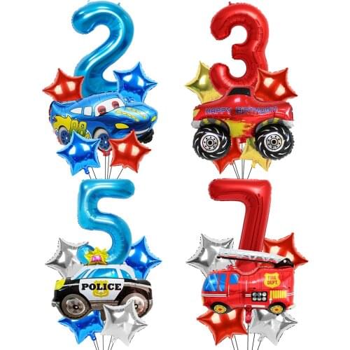 6pcs Cartoon Car Number Foil Balloons Set Plane Air Balloons Boys Girl Birthday Party Decoration Baby Shower Supplies Kids Balls