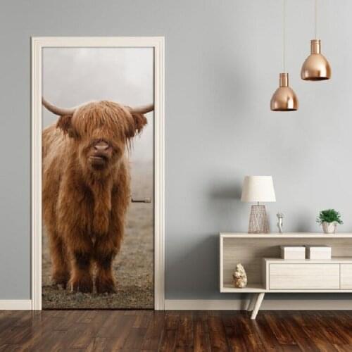 Hot Door Mural Modern Grassland Cow Wall Door Sticker DIY Self-adhesive Waterproof Wallpaper Poste for Home Decoration Gift