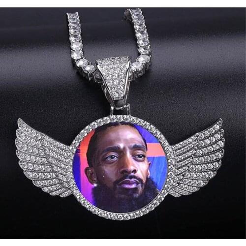 Fashion Angel Wing Custom Pendant Photo Necklace Hip Hop Jewelry Men Women Gold Color Plated Party Rock Accessories Gift