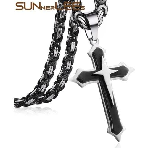 SUNNERLEES Stainless Steel Jesus Christ Cross Pendant Necklace Byzantine Link Chain Silver Color Gold Plated Boy Men SP202