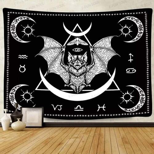 Occult Bat Moon Moth Mysterious Eyes Runes Black and White Art Wall Hanging