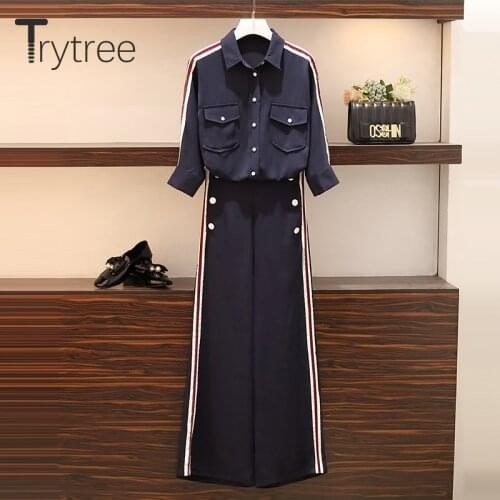 Trytree Autumn Winter Two piece set Casual Turn-down Collar Single Breasted Top + Pants Zipper Fashion Office Lady 2 Piece Set