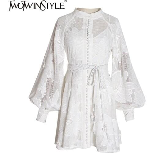 TWOTWINSTYLE Elegant Spring Dress For Women Stand Collar Long Sleeve High Waist White Mini Dresses Female Fashion New Clothing