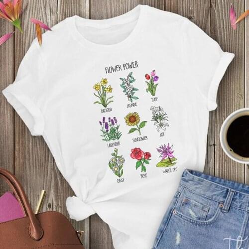 2021 Hot Sale Women White Cartoon Floral New Cute Flower Fashion Ladies Summer Lady Print Tee Stylish Tshirts Clothes T-Shirt