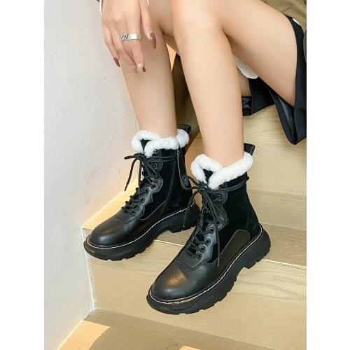 EshtonShero Women Shoes Ankle Boots Leather Platform Lace Up Low Heels Winter Height Increasing Ladies Motorcycle Boots Size 3-9