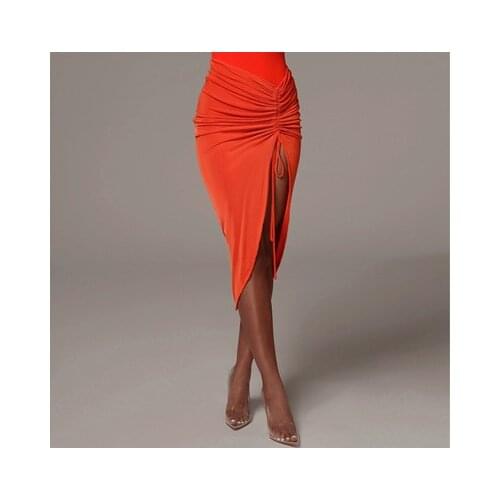 Irregular Drawstring Ruched Womans Pencil Midi Skirt Slit High Waist Elegant Bodycon Sexy Streetwear Party Club Summer Clothes