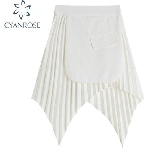Casual Pleated Skirt Female Korean Chic Black White Solid Color For Women Notched High Waist Irregular Hem Skirt 2021 Design