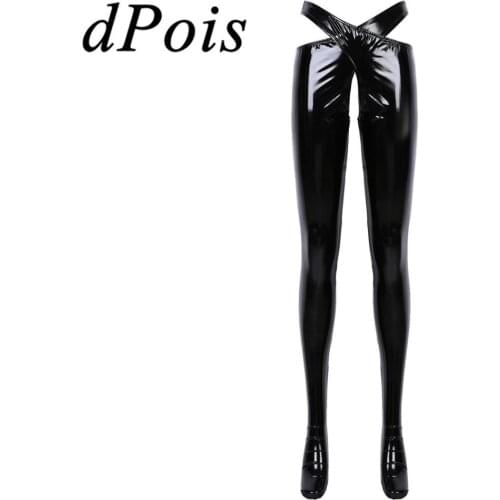 Womens Wetlook Patent Leather Crotchless Sexy Lingerie Open Crotch Trousers Erotic Pants with Waistband Night Roleplay Nightwear