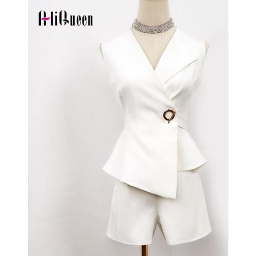 Two Piece Set 2019 Summer Office Lady Women Pant Set White Shorts Asymmetrical Self-cultivation Blouse Tops and Shorts Set Suit