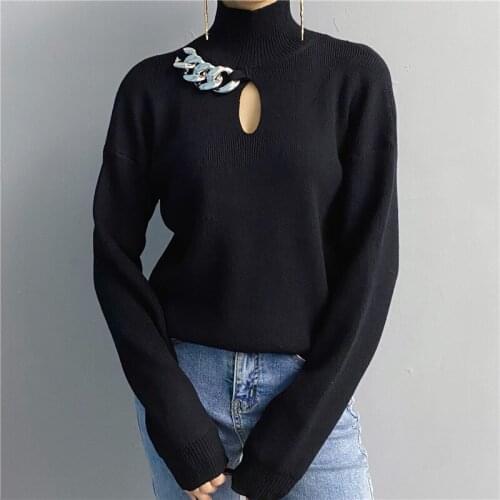 Turtleneck Sweater with Hollow Chain Women Black Jumpers 2021 Spring Knit Tops Sweater Women Fashion Loose Pullover Ladies Tops