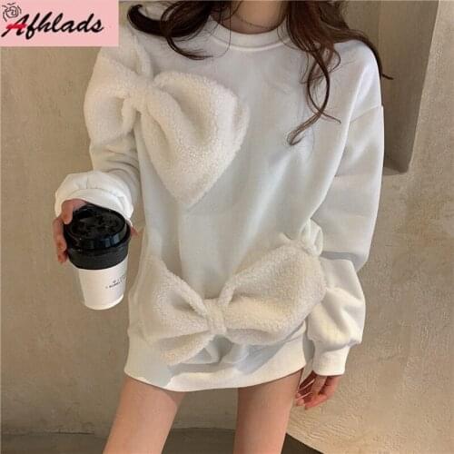 Autumn And Winter New Vintage Round Neck Thick Bow Women Oversized Tops Long Sleeve Loose Fashion Casual Plus Size Tops