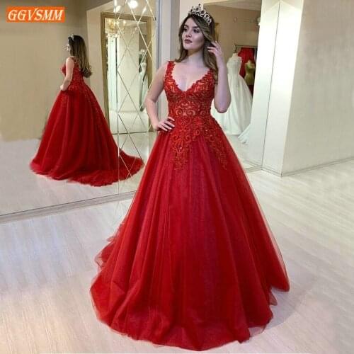 Fashion Red Evening Gowns Long Lace Appliqued Beaded Tulle A Line Evening Dresses 2020 Custom Made Women Party Gala Formal Dress