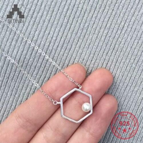Korea Hot Style Pure 925 Sterling Silver Simple Fashion Hexagon Freshwater Pearl Pendant Necklace Jewelry for Women