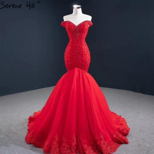 Serene Hill Red Mermaid High-End Sexy Evening Dress 2021 Off Shoulder Beadings Women Formal Party Wear Gown CHM67150