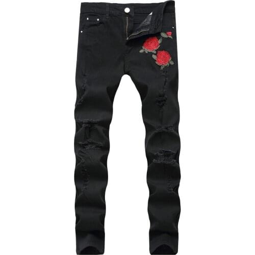 2021 Black Ripped Jeans with Embroidery Men with Flowers Rose Embroidered Mens Denim Jeans Stretch Skinny Jeans Pants
