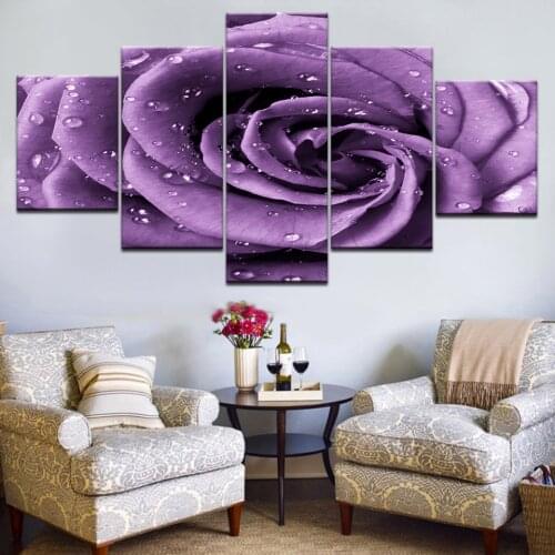 5Panel HD Printed The dew on the purple rose flower wall posters Print On Canvas Art Painting For home living room decoration