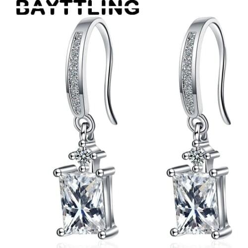 BAYTTLING 925 Sterling Silver Earrings 30MM Square Large Zircon Pendant Earrings For Women Fashion Engagement Gifts Jewelry