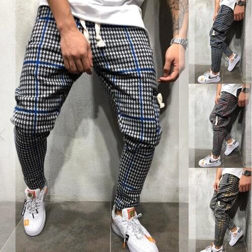 New Mens Pants Fashion Casual Long Pants Plaid Hip Hop Harem Trousers