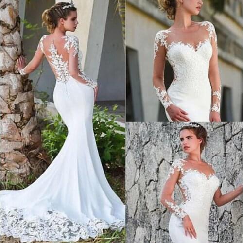 Fantastic O-Neck Mermaid Wedding Dresses Custom Made Sexy See Through Long Sleeve Illusion Back Bridal Gowns Floor Length