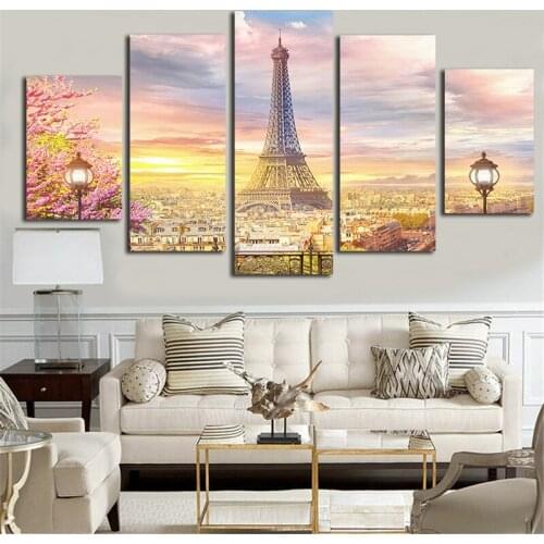 Canvas Wall Art Pictures Framework Home Decor 5 Pieces Beautiful Paris Eiffel Tower Abstract Landscape Painting HD Prints Poster