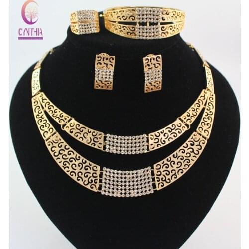African Costume Jewelry Sets Gold color Fashion Crystal Rhinestone Wedding Bridal Necklace Bangle Earrings Ring Set