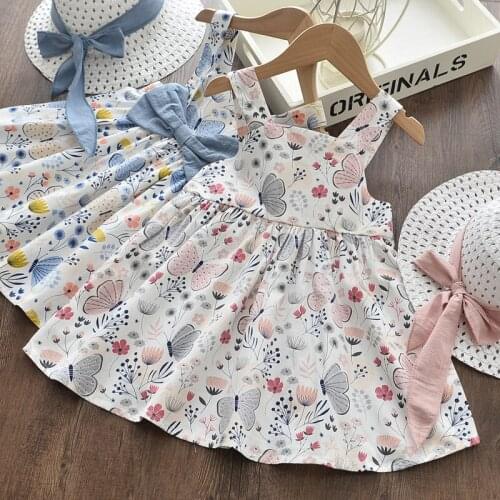 Menoea Baby Gril Dresses Summer Clothing Bow Cute Sleeveless Cotton Toddler Princess Beach Dress and Sunhat Infant Kids Clothes