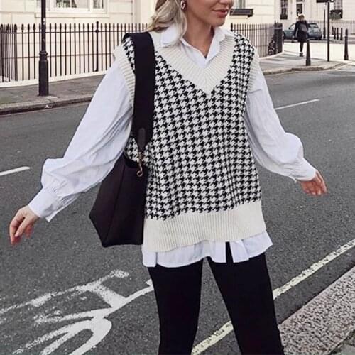 New Fashion Women Knitted Sweater Vest Female Houndstooth V-Neck Pullovers Sleeveless Waistcoat Tops