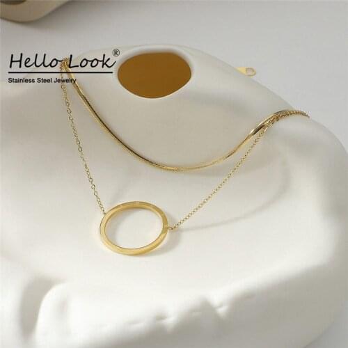 Hellolook 14K Gold Hollow Roman Numeral Round Pendant Necklace Double Layer Snake Chain Necklace for Women Accessories