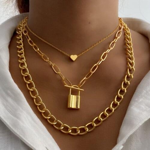 Vienkim Vintage Multilayer Heart Lock Pendant Necklace For Women Fashion Gold Thick Chain Necklace 2021 Jewelry Gift Accessories