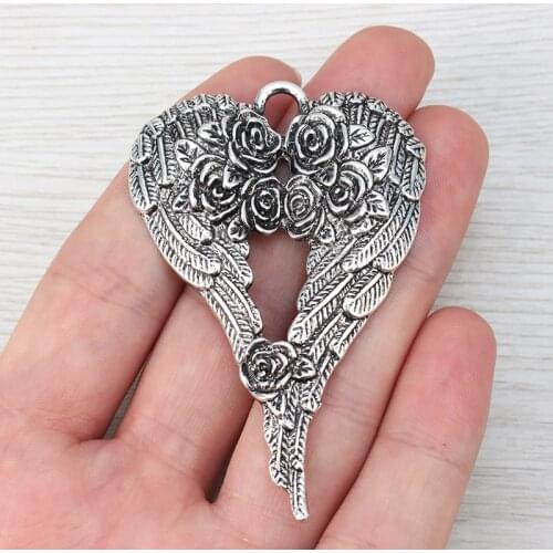 3 x Metal Large Rose Angel Wings Feather Necklace Charms Pendants for DIY Jewelry Making Findings 69x46mm