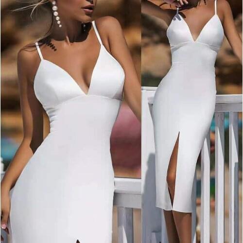 Sexy Deep V-Neck Long White Bodycon Evening Dresses with Slit Tea Length Criss Cross Back Satin Formal Party Gowns for Women