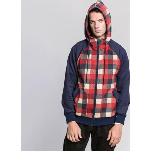 Mens Hooded Sweatshirt Plaid Patchwork Trend Loose Casual Cardigan Hoodies Long Sleeve Coat Diagonal Pocket Upper Outer Garment
