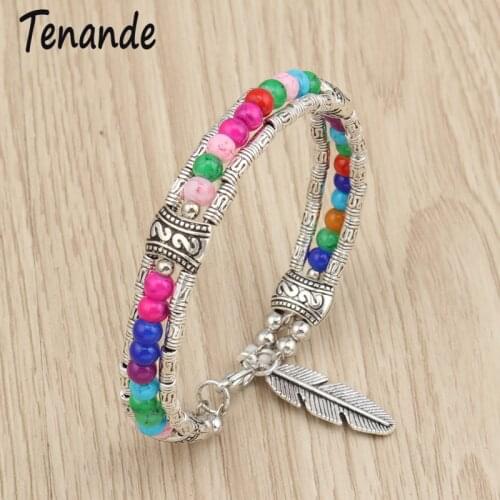 Tenande Vintage Maxi Bohemian Natural Stone Beads Leaves Bracelets & Bangles for Women Tibet Silver Color Night Club Jewelry