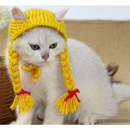 Funny Pet Dog Wig Cosplay Cap for Small Puppy Dogs Cats Cute Lovely Girl Hair Loop Head Wear Dog Pet Knitted Hat Hair Costume