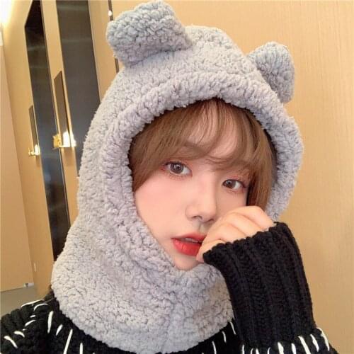 Women Winter Warm Hat Cute Bear Ears Windproof Neck Scarf Cap for Student Women Plus Cashmere Cap Outdoor Lady Hats 2021 Fashion