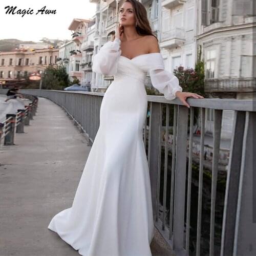 Magic Awn Boho Off The Shoulder Mermaid Wedding Dresses With Long Sleeves Simple Beach Wedding Party Dress Vestidos De Novia