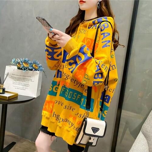 Spring autumn women coats knitted print women hoodies female hoodies loose clothing mid-long ins outerwear pullovers