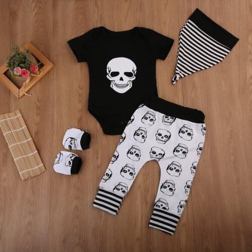 0M-18M Boy Clothes Baby Boys Skull Outfits Clothes Kids Tops+Long Pants Hat Newborn 4pcs Set