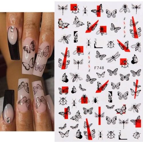 1Pcs Flower Butterfly 3D Nails Sticker Black Alphabet Number Leaf Transfer Decals Slider DIY Tips Nail Art Manicure Decorations