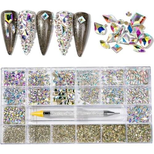 21grid/Box(1 Double-End Nail Pen )Nail Art Crystal Rhinestone Mixed Shape Decoration Golden-Back Glass Charm For Polish Nail #34