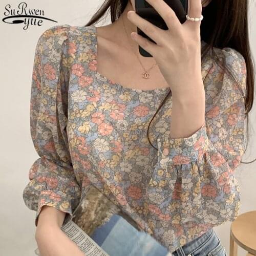 Blusas 2021 Chiffon Blouse Women Shirts Long Sleeve Tops Vintage Streetwear Floral Loose Chic Wild Office Lady Clothing 10113